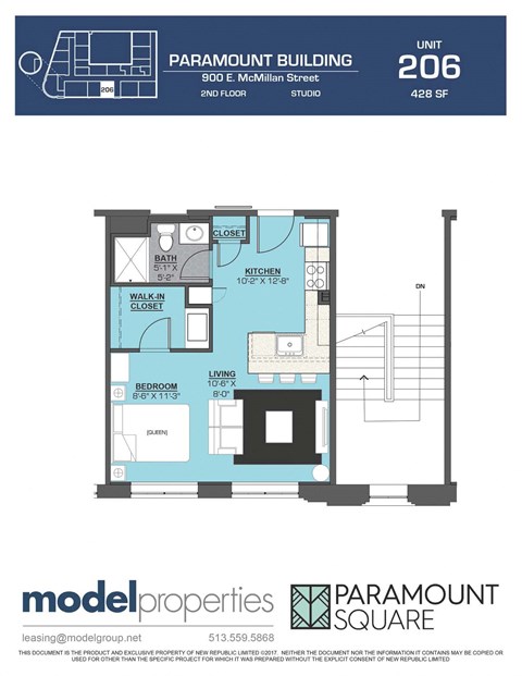 Floor plan for studio, 1 bath, 428 sqft